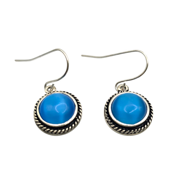 Pierced Earrings Blue Cat’s Eye Cabochon Round Rope Bezel Silver Tone Retro - Picture 4 of 10